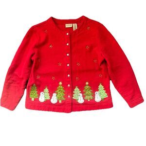 VintageClassic Elements Petite  Christmas  Cardigan Sweater Snowman Embroidery M